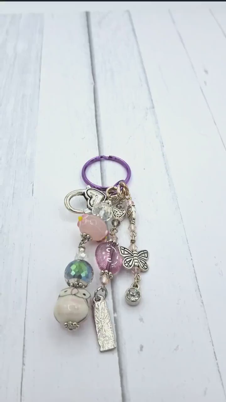 Whimsical, Purple, green and pink beaded Butterfly, Peace Charm Key Chain, Purse Charm