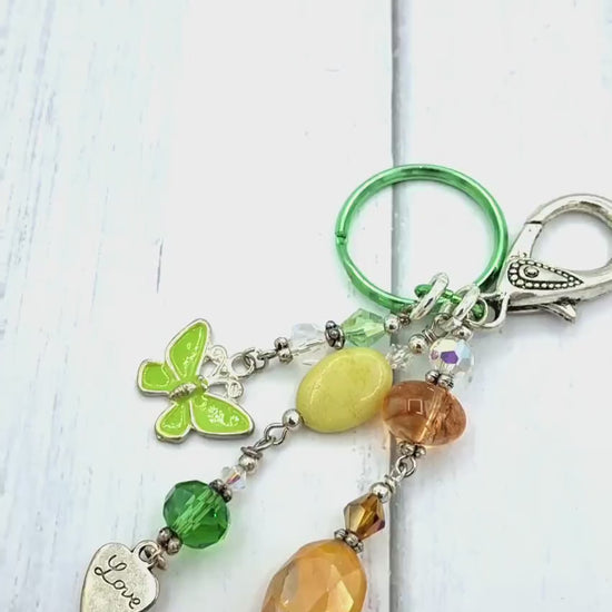 Whimsical, Orange, green and pink beaded Butterfly, Key Chain, Purse Charm