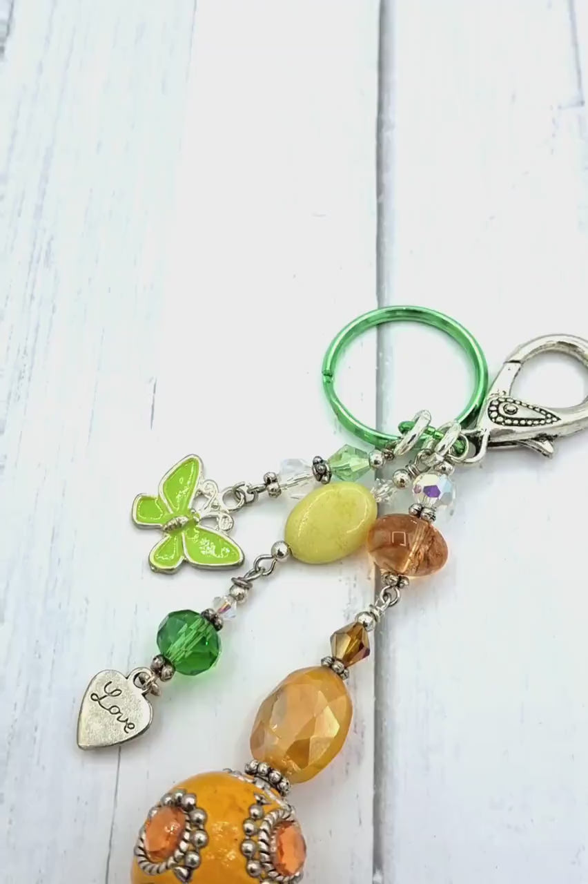 Whimsical, Orange, green and pink beaded Butterfly, Key Chain, Purse Charm