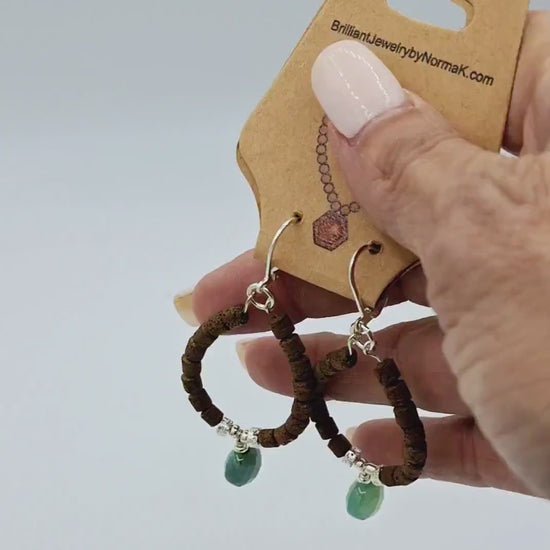 Nk Chocolate Brown plated Hematite hoop earrings with a faceted teal Agate drops