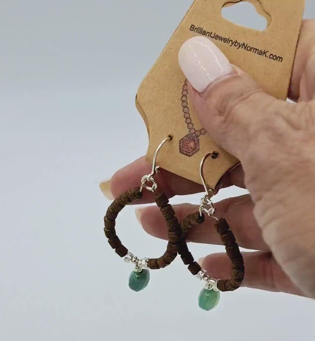 Nk Chocolate Brown plated Hematite hoop earrings with a faceted teal Agate drops