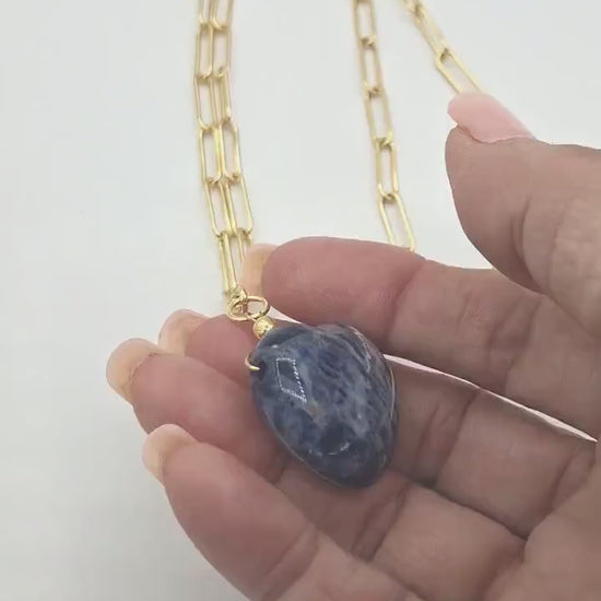 Heart Pendant Necklace: Gold plated Paper Clip Chain, with a large Lapis Blue heart