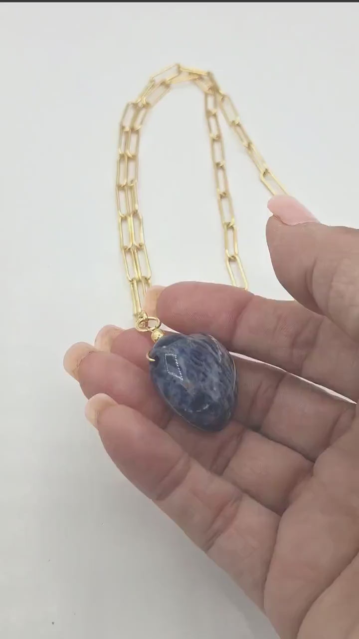 Heart Pendant Necklace: Gold plated Paper Clip Chain, with a large Lapis Blue heart