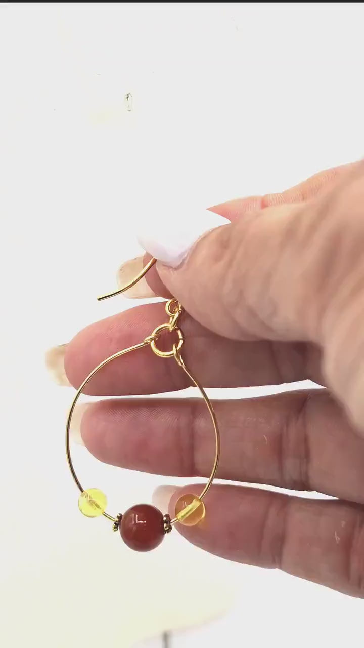 Nk Gold Nickel Free Brass Hoop Earrings, with Amber & Carnelian beads