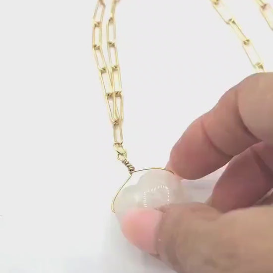 Heart Pendant Necklace: Gold plated Clasp, Paper Clip Chain, with a large rose quartz heart