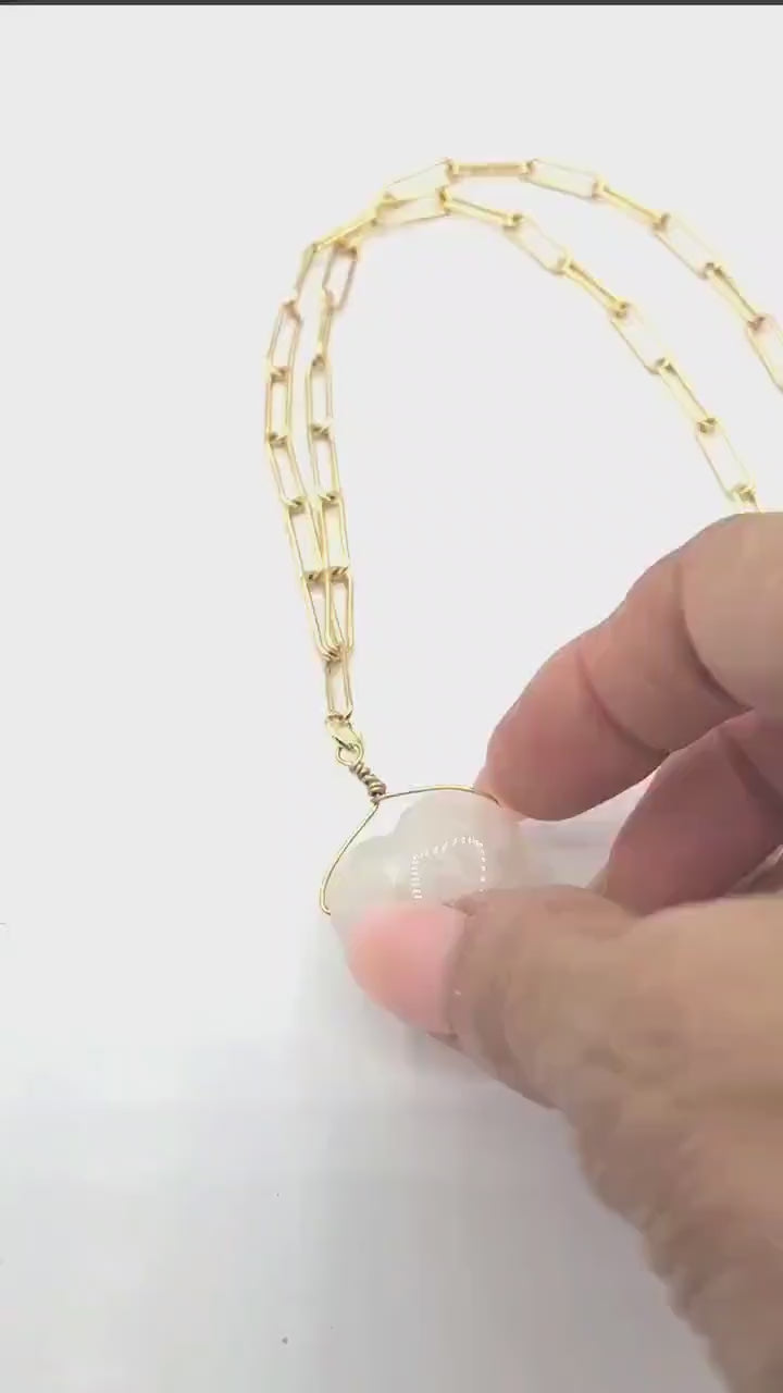 Heart Pendant Necklace: Gold plated Clasp, Paper Clip Chain, with a large rose quartz heart