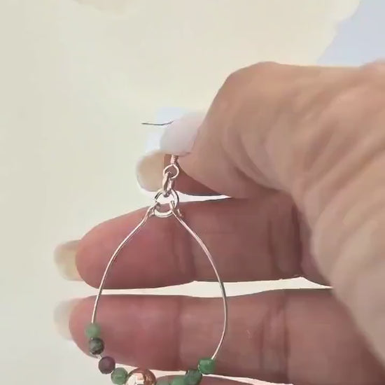 Nk Silver Hoop Earrings, faceted tourmaline beads, with a single copper colored bead