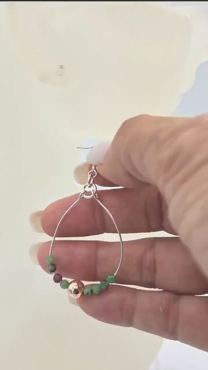 Nk Silver Hoop Earrings, faceted tourmaline beads, with a single copper colored bead