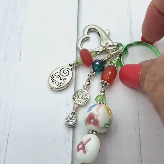 Whimsical, pink, green, Love Much charm beaded Candy Colors Key Chain, Purse Charm
