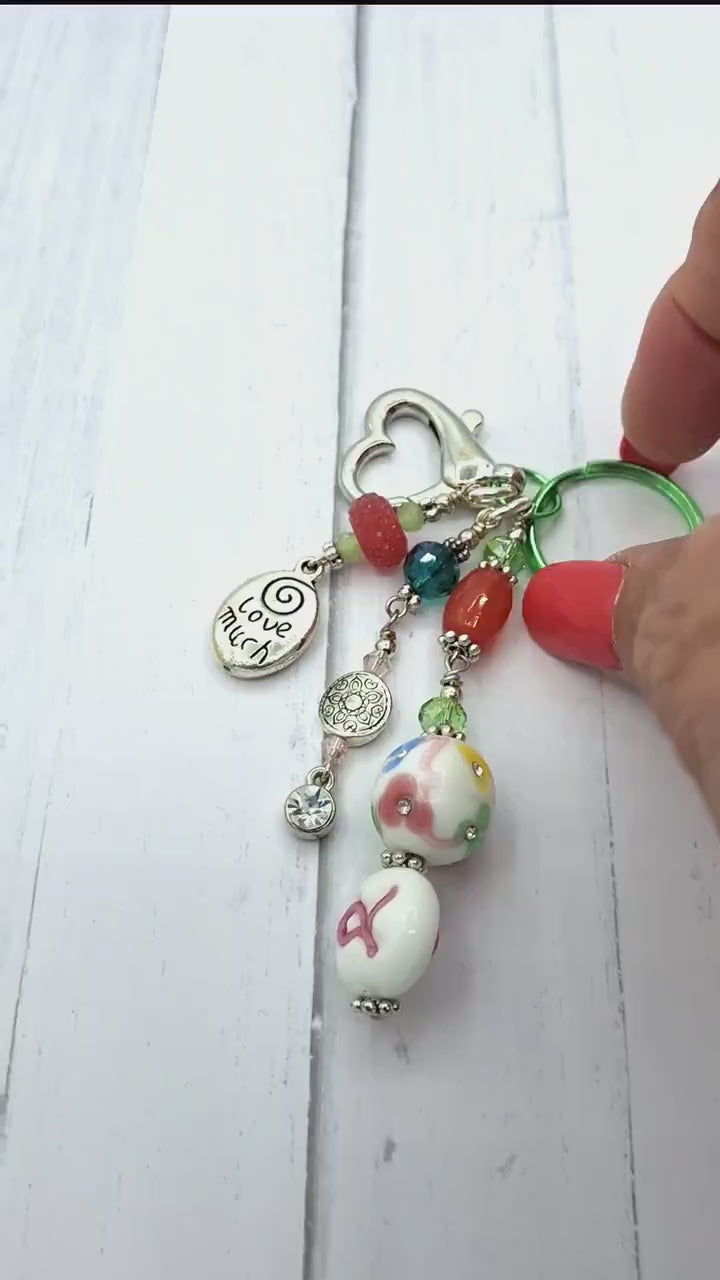 Whimsical, pink, green, Love Much charm beaded Candy Colors Key Chain, Purse Charm