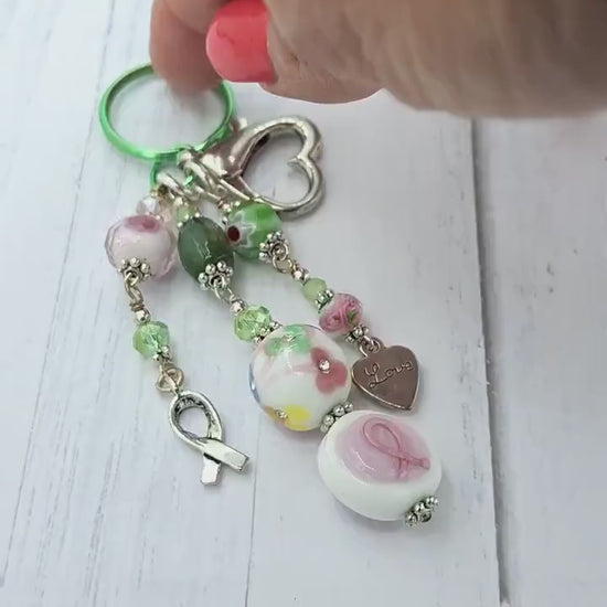 Whimsical,  Green and pink beaded Heart Charm, Candy Colors Key Chain, Purse Charm