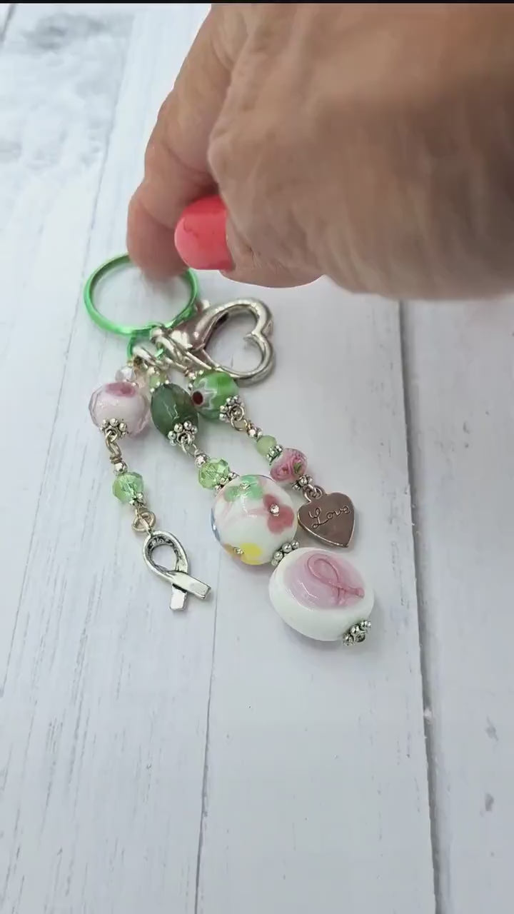 Whimsical,  Green and pink beaded Heart Charm, Candy Colors Key Chain, Purse Charm